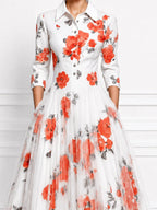 White Watercolor Red Floral Print Shirt Collar Pleated Tulle A-Line Midi Dress