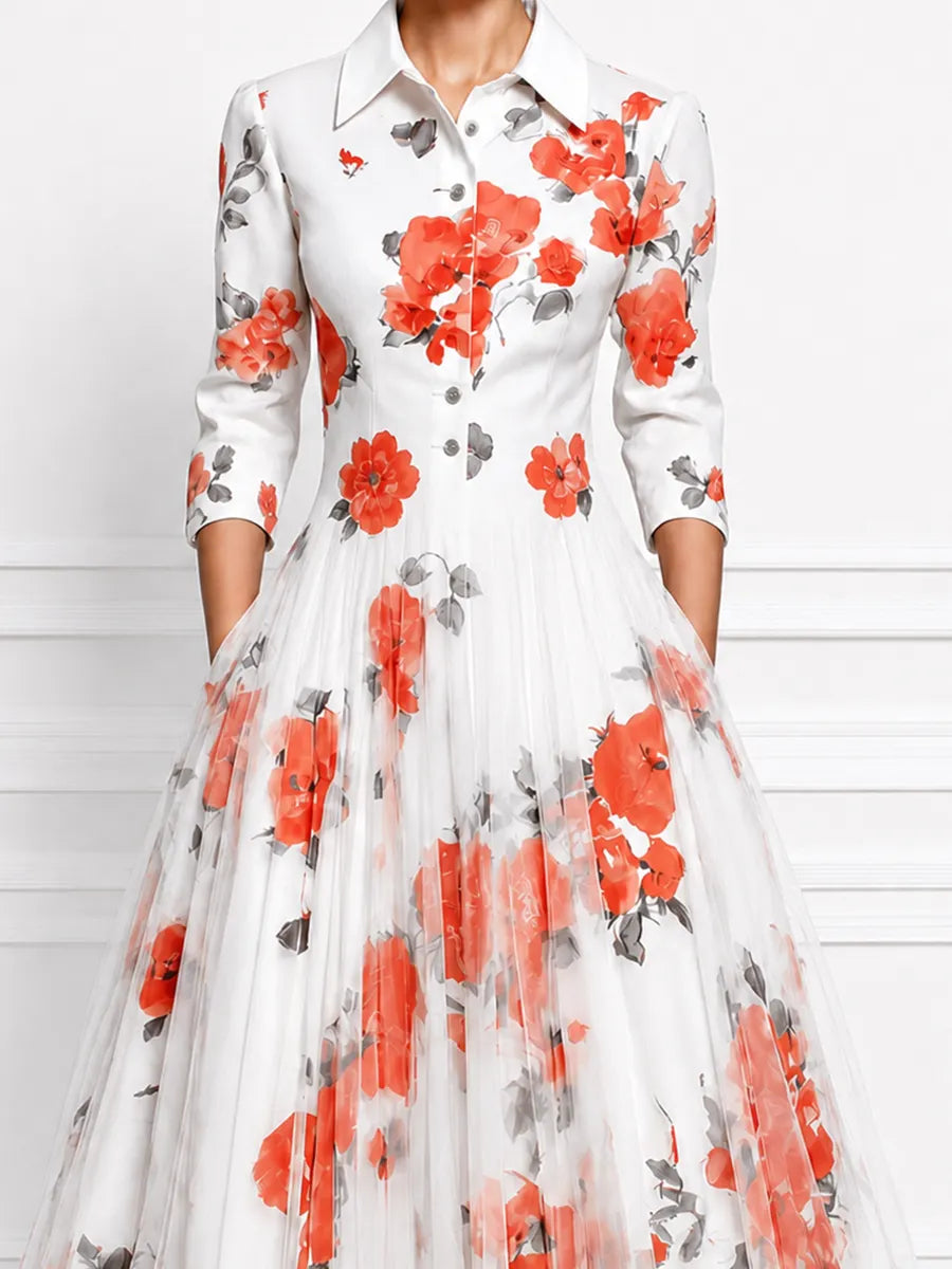 White Watercolor Red Floral Print Shirt Collar Pleated Tulle A-Line Midi Dress
