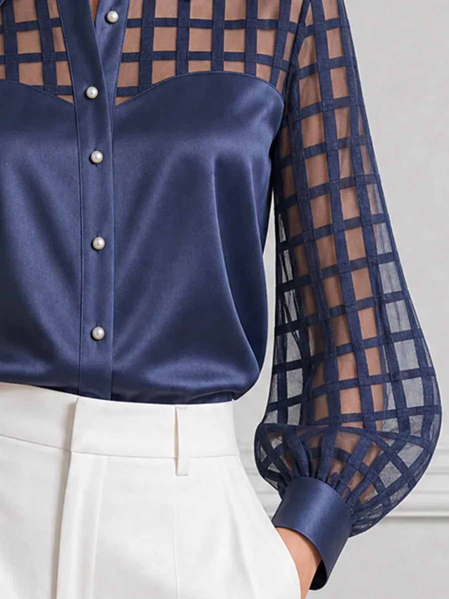 Grid Mesh Patchwork Satin Pearl Buttons Blouse