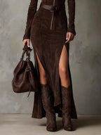 Vintage Brown V-Neck Zipper Slit Maxi Dress