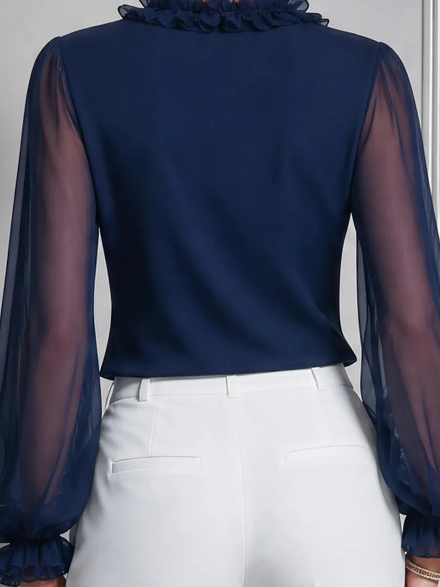 Navy Ruffle Chiffon Sleeve Blouse