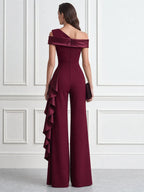 Asymmetric One-Shoulder Cascading Ruffle Satin Wide-Leg Jumpsuit