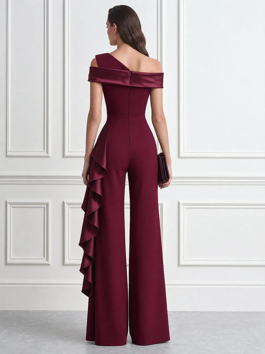 Asymmetric One-Shoulder Cascading Ruffle Satin Wide-Leg Jumpsuit