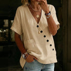 Women's Solid Color V-neck Button Pocket Linen Blend T-shirt
