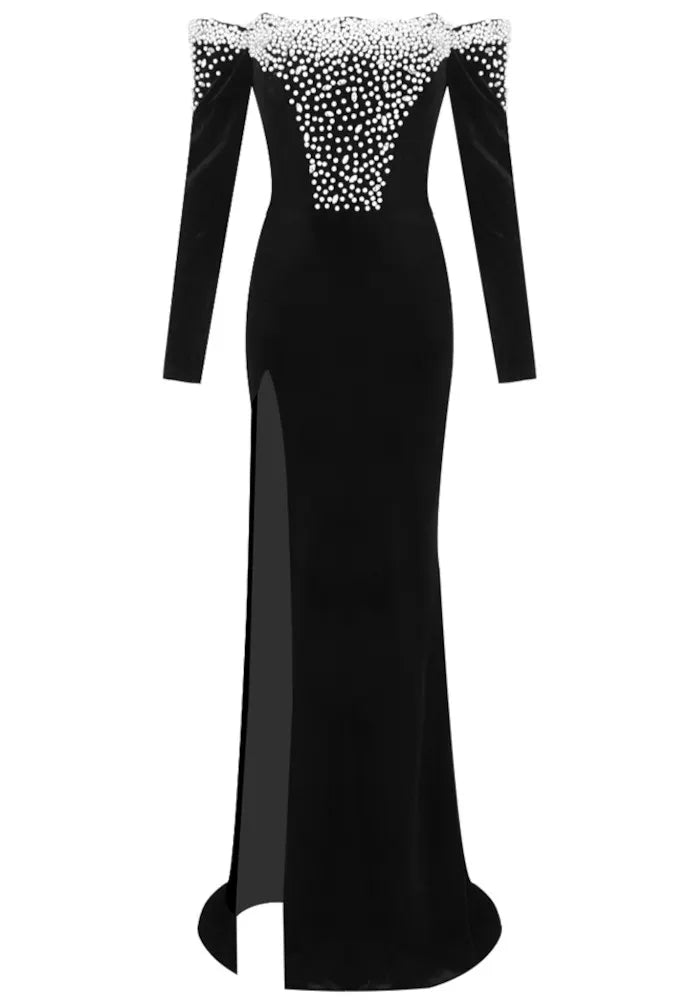 Long Sleeve Bardot Pearl Maxi Velvet Dress Black