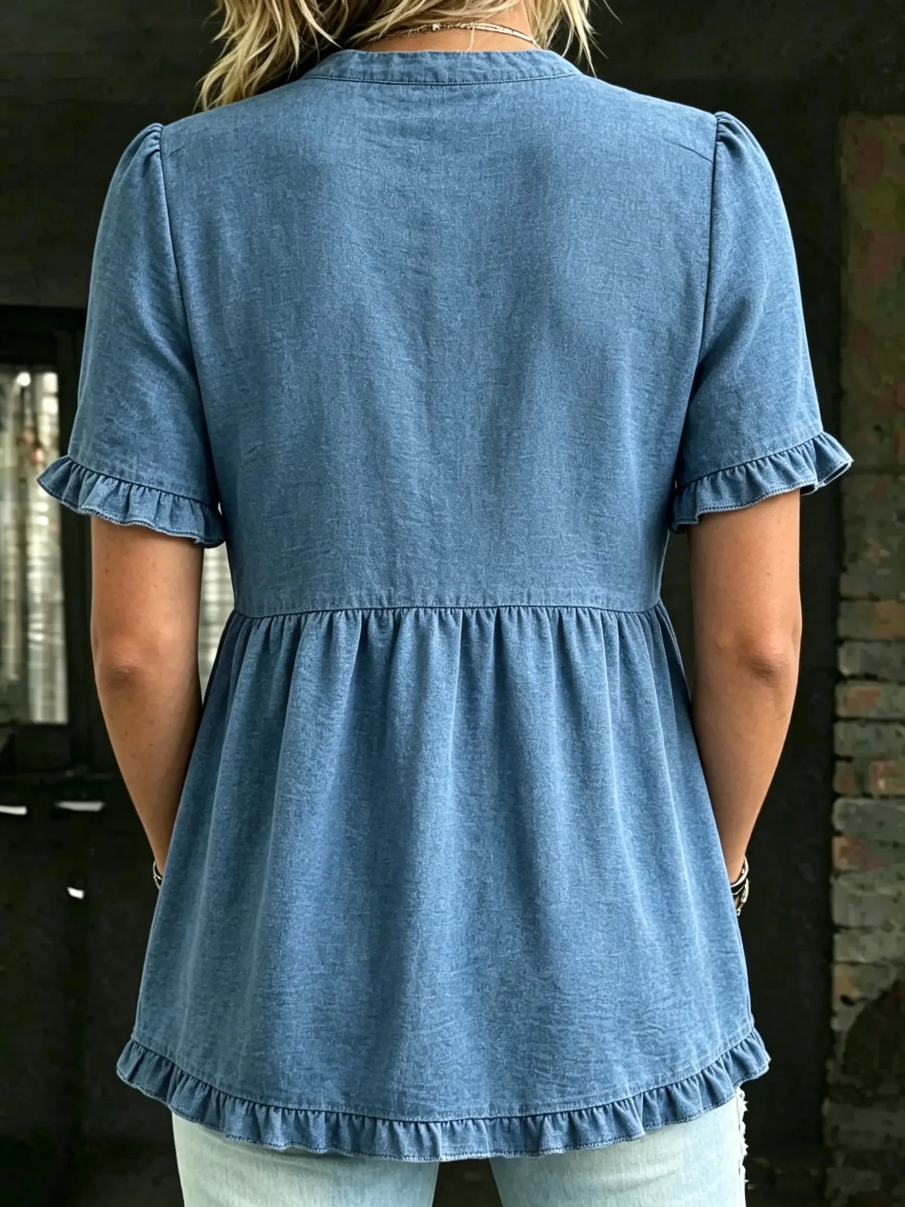 Women's Casual V-neck Ruffle Trim Denim Blouse