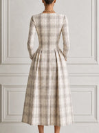 Ivory Plaid Square Neck Long Sleeve Pleated A-Line Midi Dress