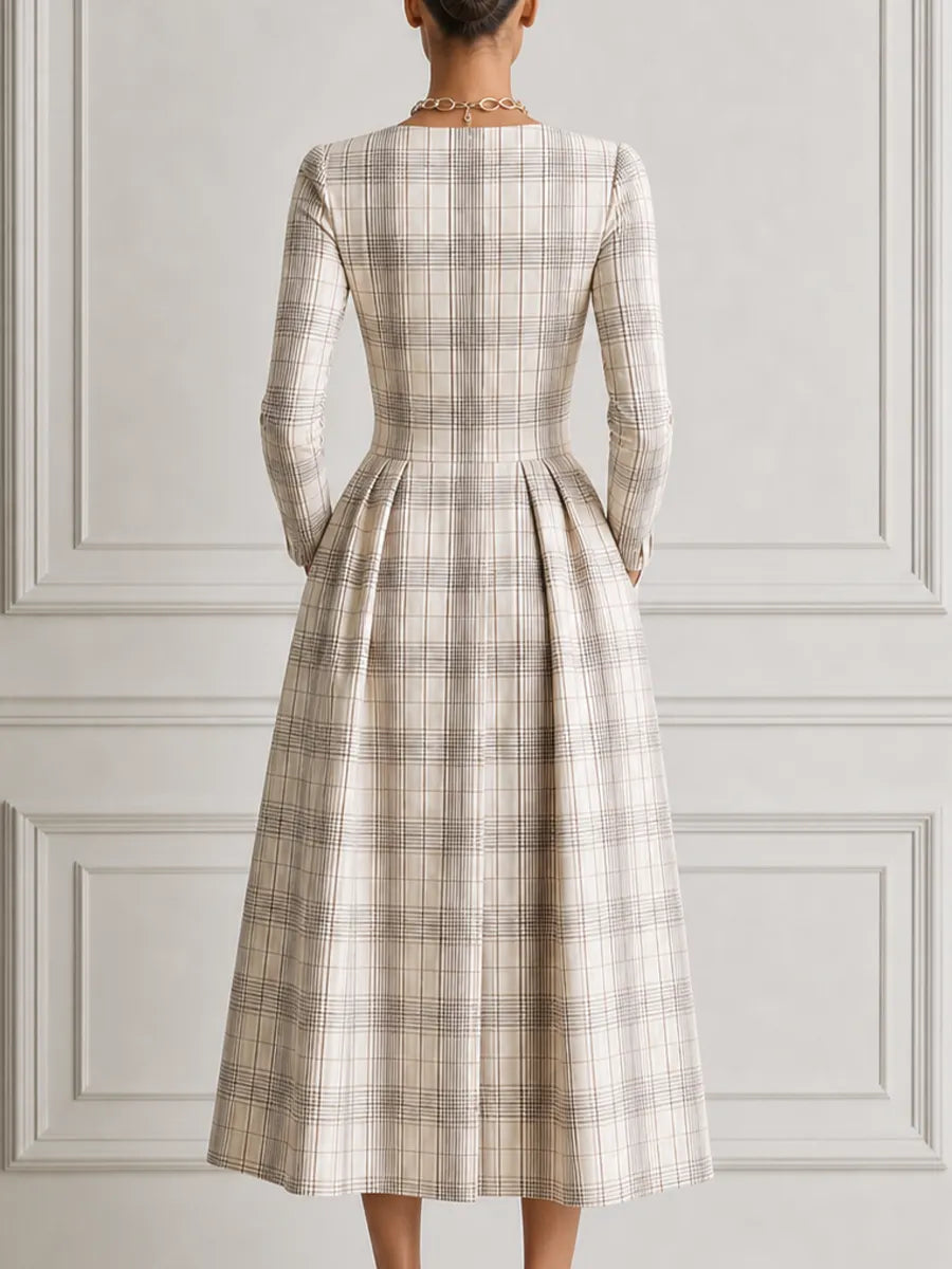 Ivory Plaid Square Neck Long Sleeve Pleated A-Line Midi Dress