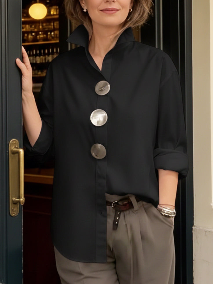 Elegant Stand-collar Metal Buttons Cotton Linen Blouse