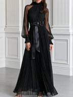 Pleated Sheer Long Sleeve Satin Belt Maxi Evening Dress