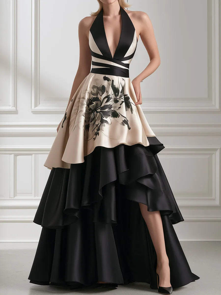 Floral Contrast Halter Tiered Satin Evening Gown