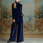 Classy Velvet Turtleneck Slit Top & Wide Leg Pants Set
