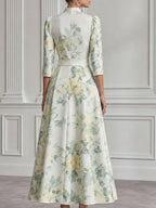 Watercolor Floral Print Ruffle Trim Acetate Satin Maxi Dress