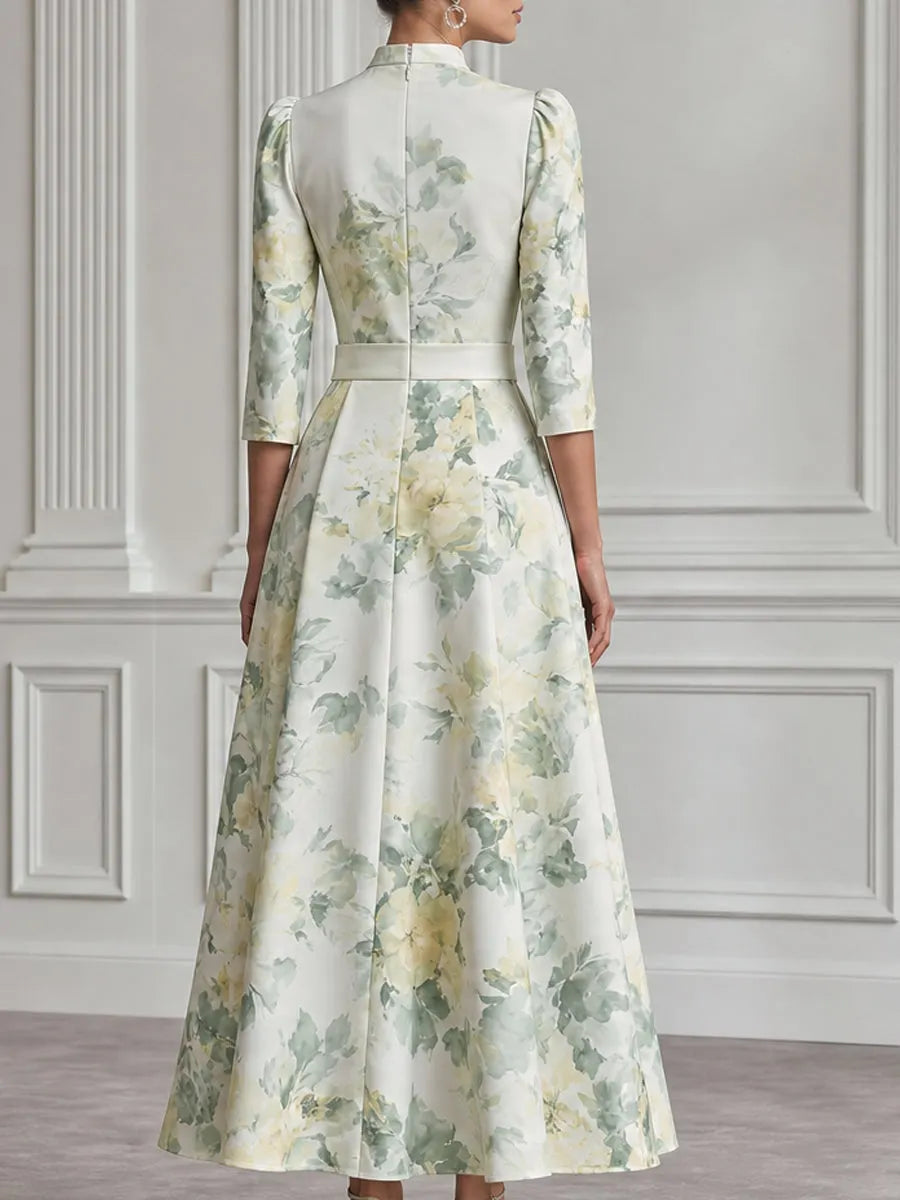 Watercolor Floral Print Ruffle Trim Acetate Satin Maxi Dress