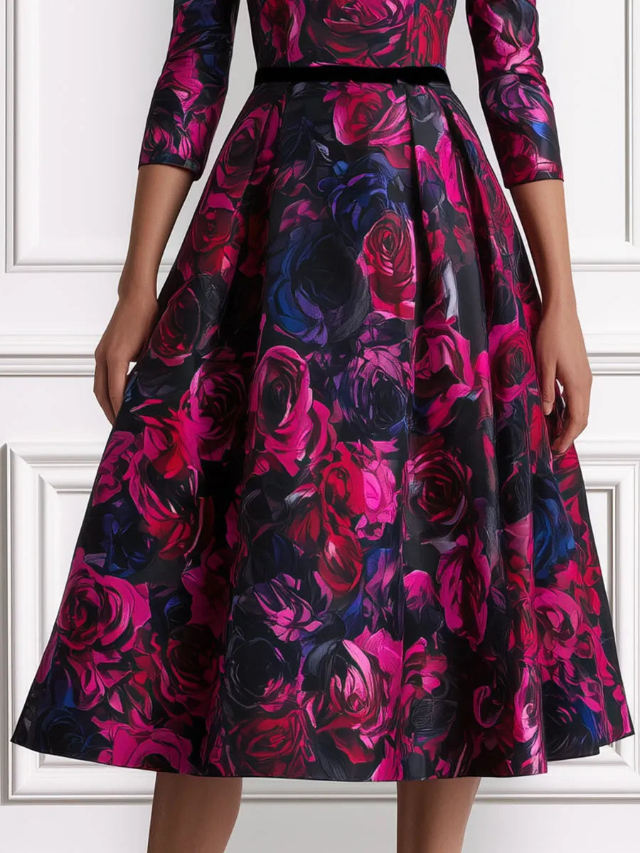 Rose Print Fit-and-Flare Midi Dress