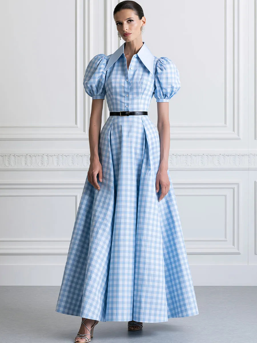 Gingham Check Puff Sleeve Maxi Shirt Dress with Belt