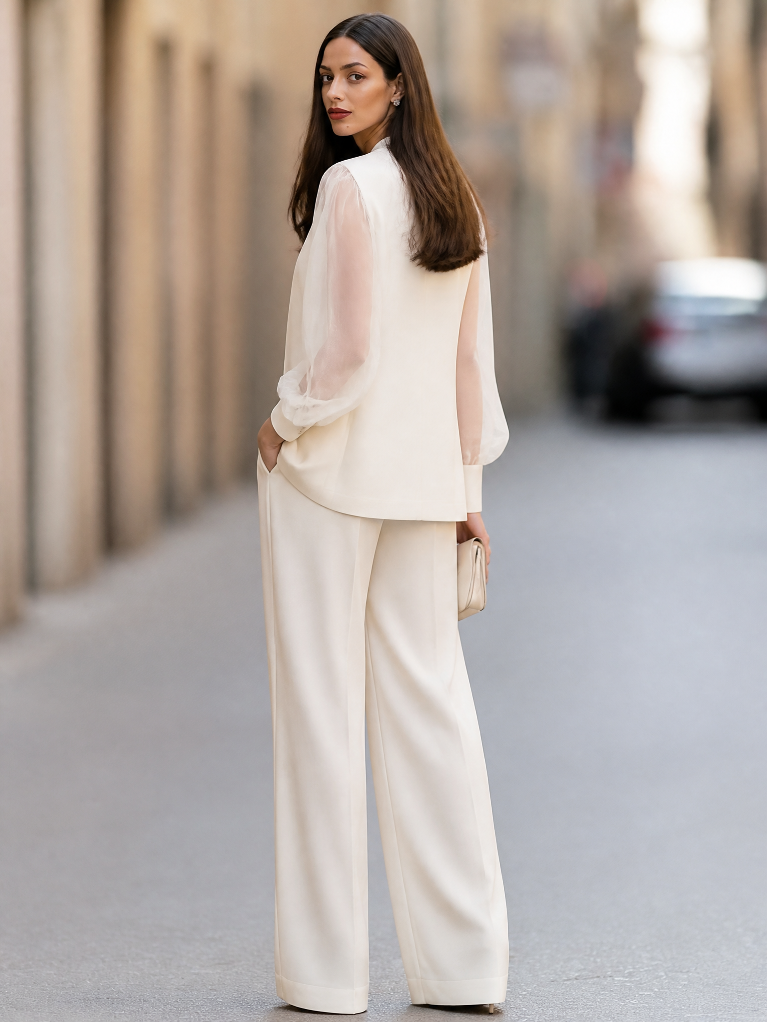 Women's Sheer Puff-Sleeve Blazer And Wide-Leg Trousers Two-Piece Set