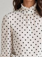 White Polka Dot Ruffle Neck Long Sleeve Blouse