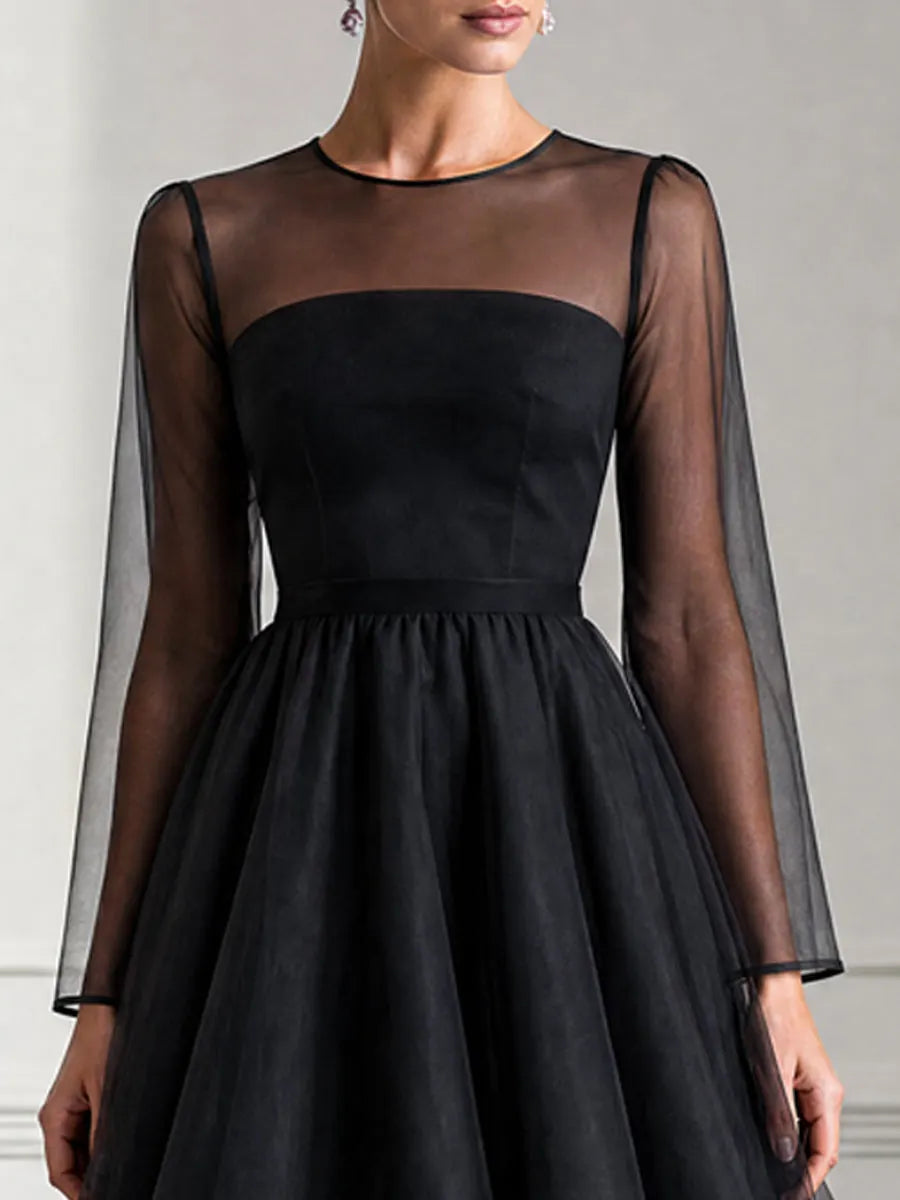 Elegant Sheer Sleeve Tiered Organza Midi Dress