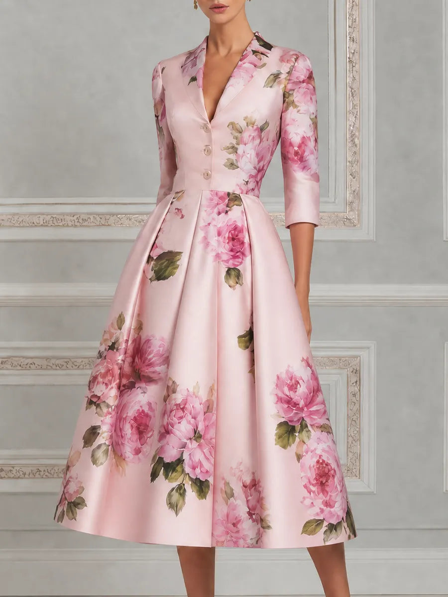 Pink Watercolor Peony Print Notched Lapel Pleated A-Line Midi Dress