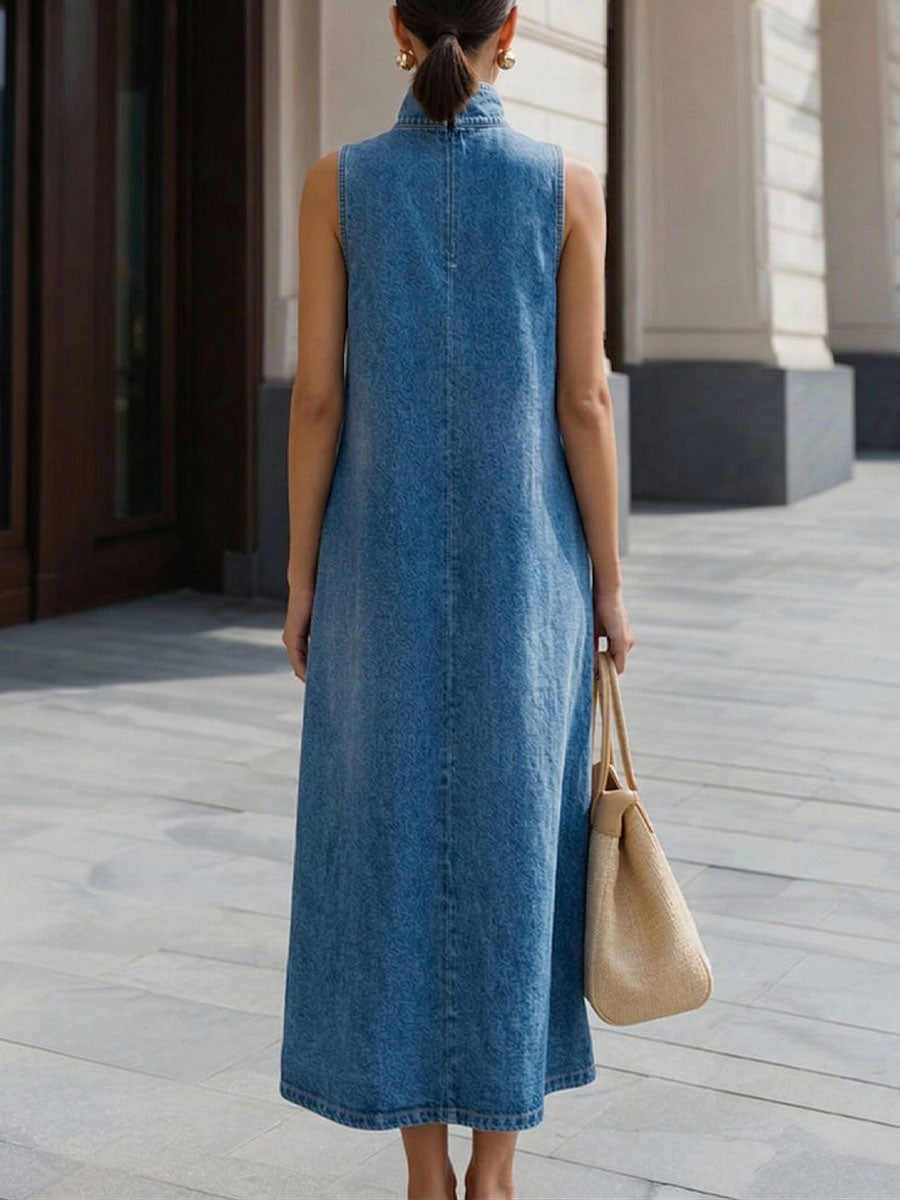 Women's Stand-collar Sleeveless Loose-fit Casual Denim Dress