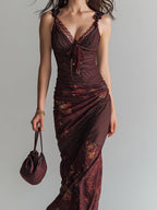 Retro Striped Flower Splicing Suspender Maxi Dress