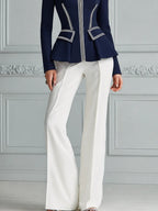 Navy Contrast Trim Peplum Zip Jacket & White Wide Leg Trousers Two-Piece Suit Set