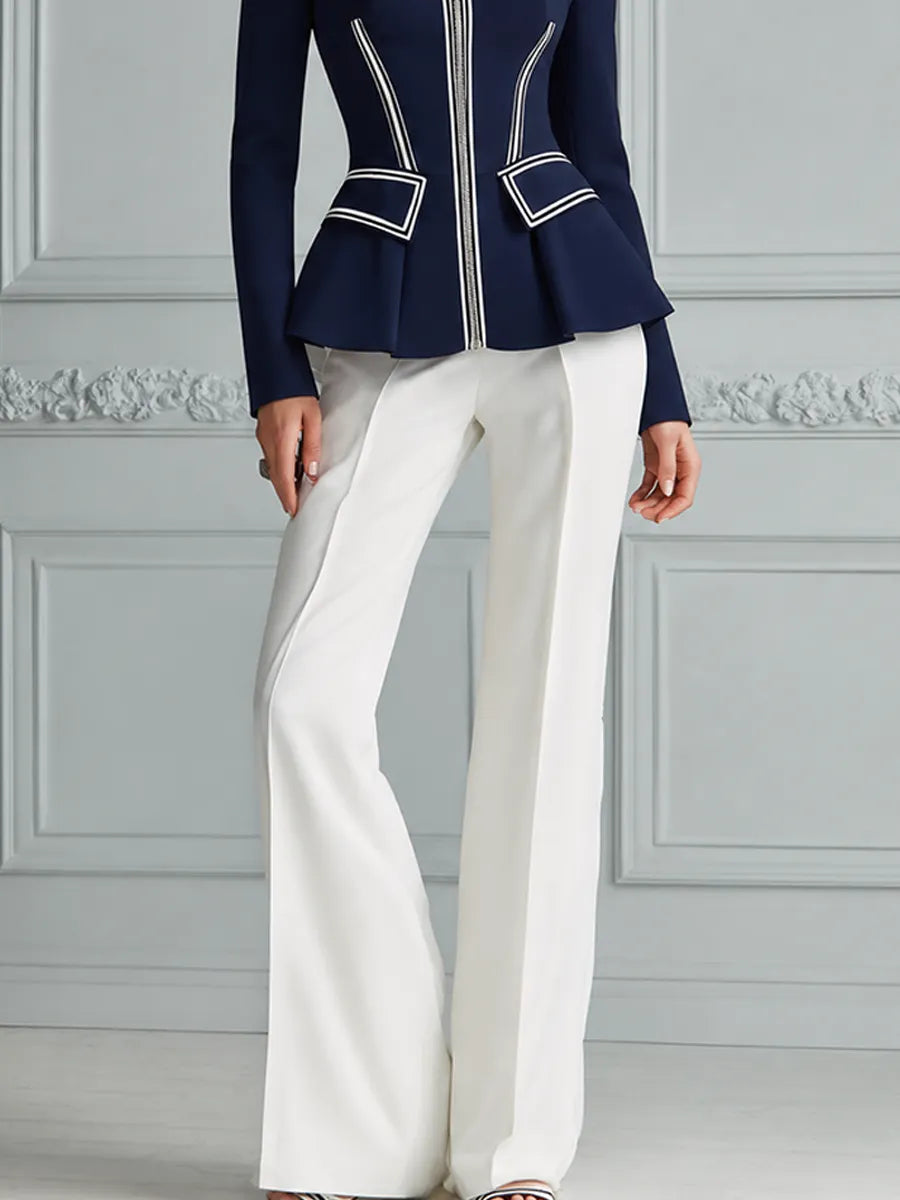 Navy Contrast Trim Peplum Zip Jacket & White Wide Leg Trousers Two-Piece Suit Set