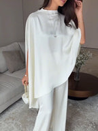 White Satin Irregular Top And Pants Two-piece Set
