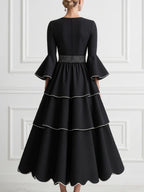 Black A-Line Maxi Dress With Crew Neck And Flared Sleeves