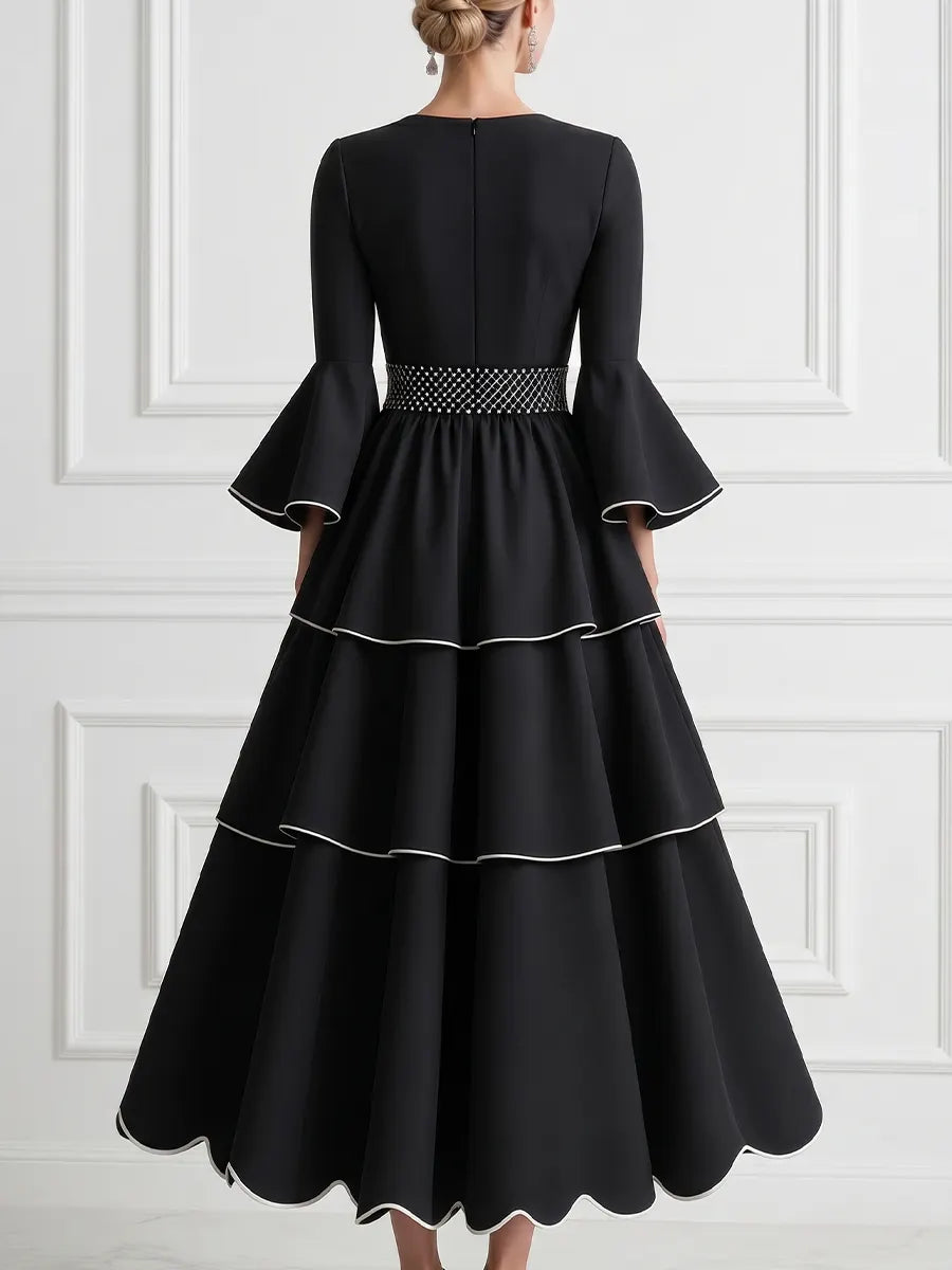 Black A-Line Maxi Dress With Crew Neck And Flared Sleeves