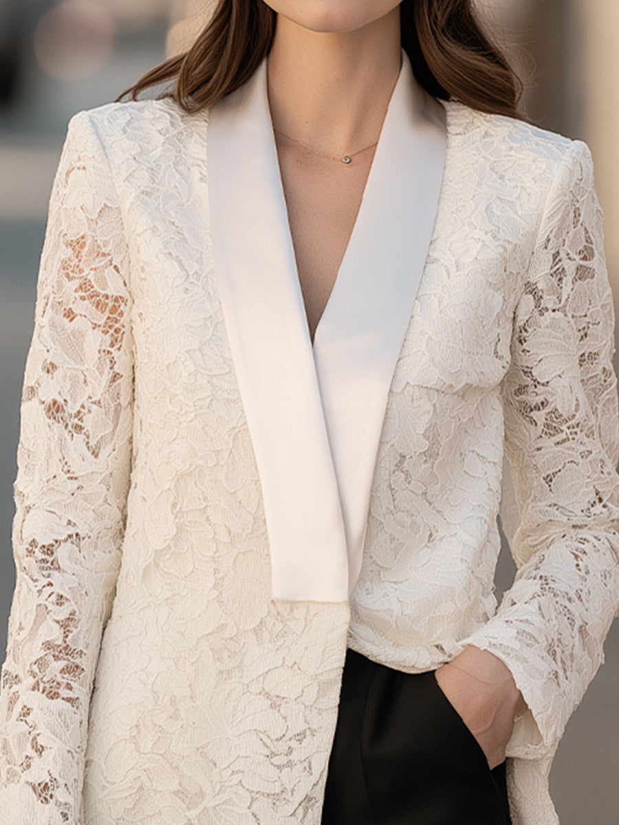 Satin Shawl Collar Floral Lace Blazer