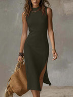 Stand-collar Split-hem Cotton And Linen Midi Dress
