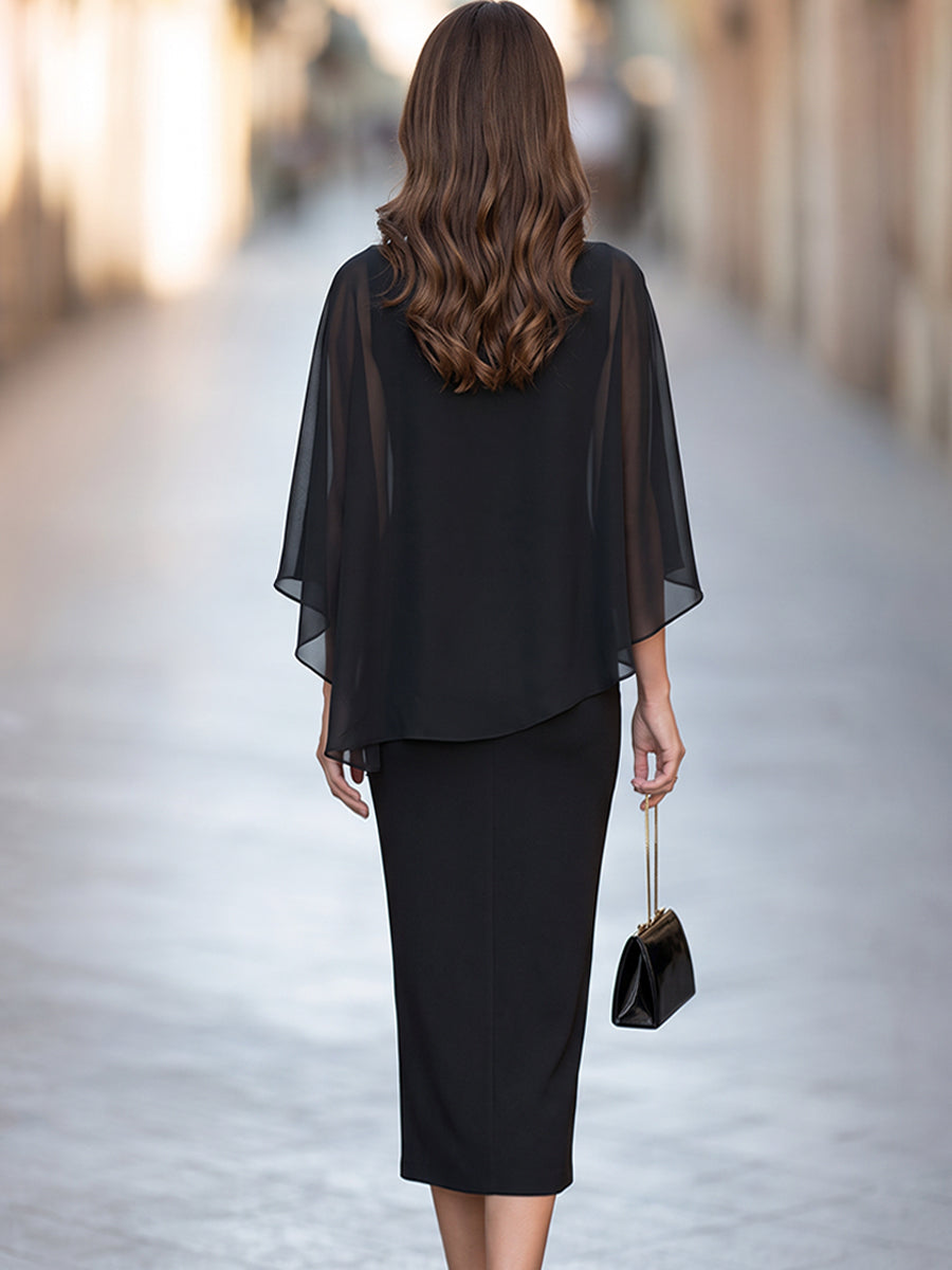 Elegant Chiffon & Lace-Inset Cape-Style Two-Piece Set