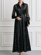 Sheer Sleeve Button-Front Shimmer Panel Collared Shirt Maxi Dress