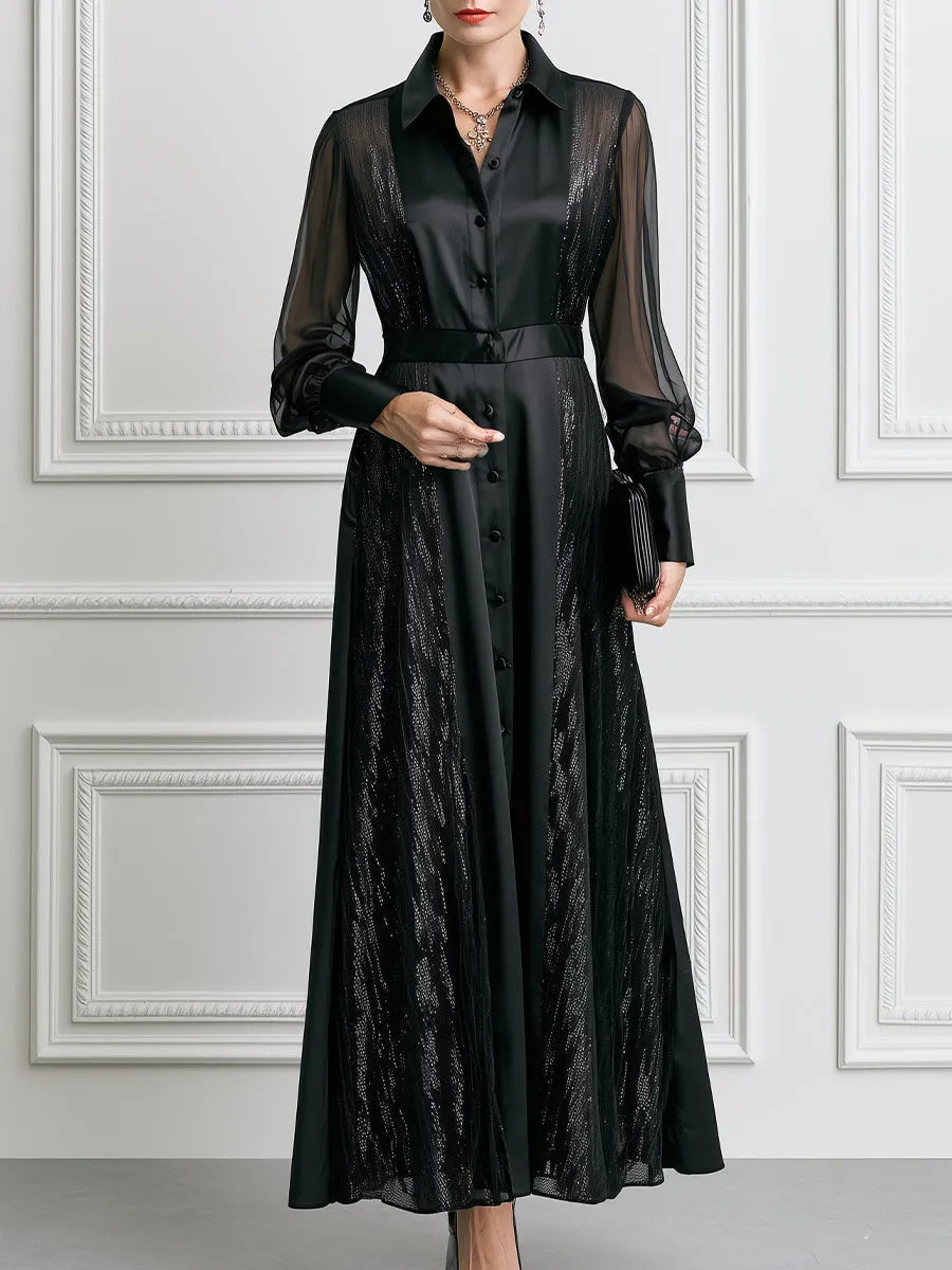 Sheer Sleeve Button-Front Shimmer Panel Collared Shirt Maxi Dress