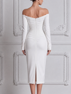 White Dress Off Shoulder Ruched Wrap Pencil Midi Dress