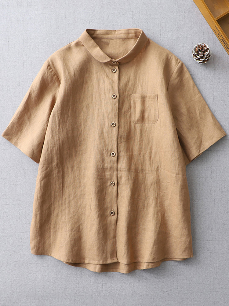Simple Basic Short Sleeve Linen Blend Shirt