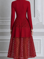 Red Dress Lace Fall Wedding Guest Dress V Neck A-Line Midi Dress