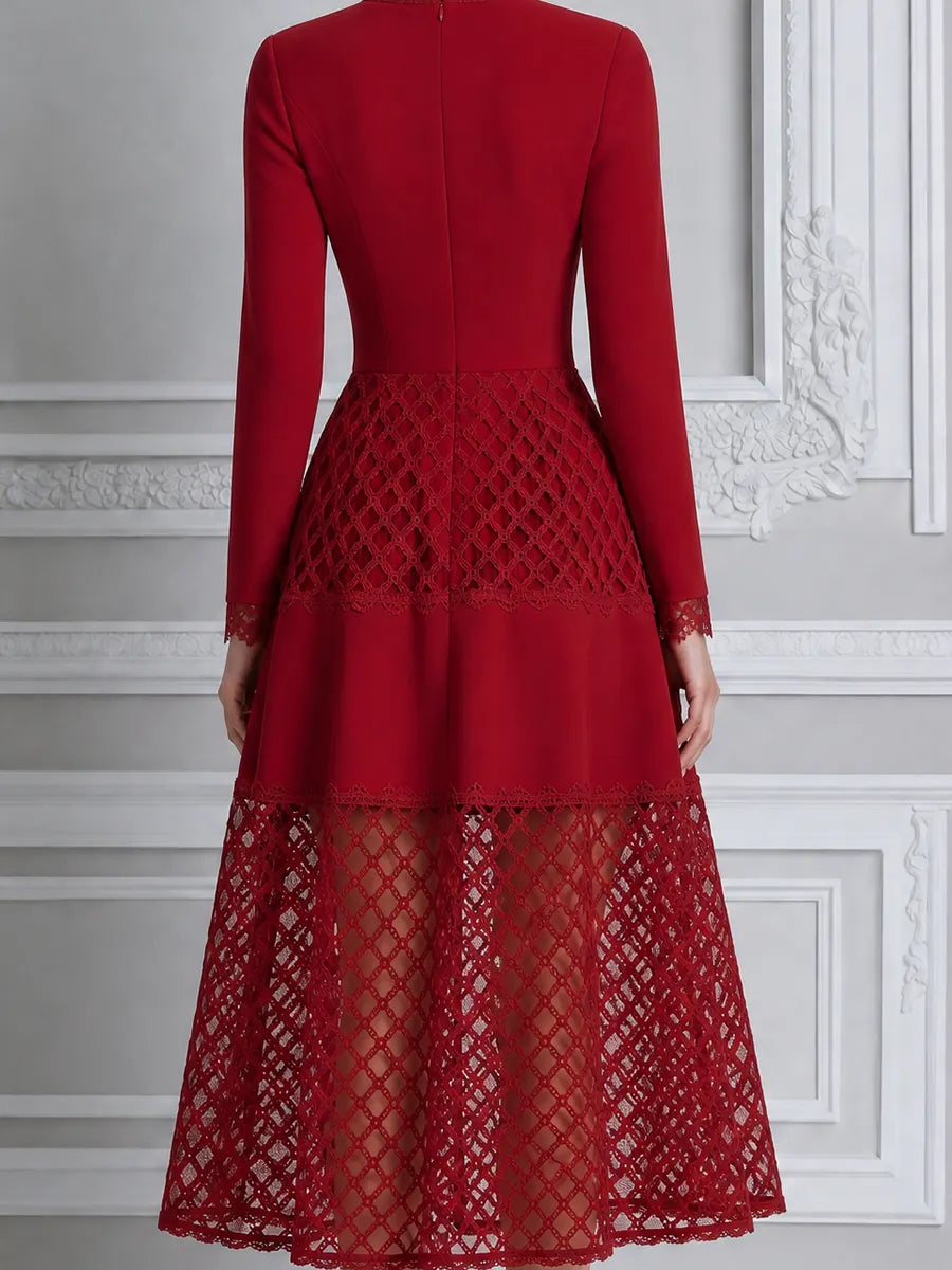 Red Dress Lace Fall Wedding Guest Dress V Neck A-Line Midi Dress
