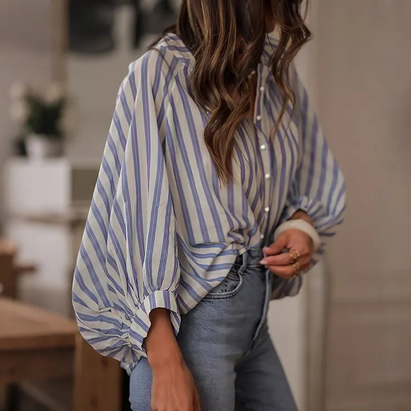 Women's Elegant Stripes Cotton And Linen Top