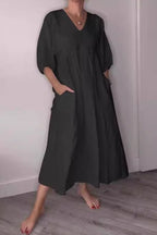 Solid V Neck Half Sleeve Linen with Pocket Dress