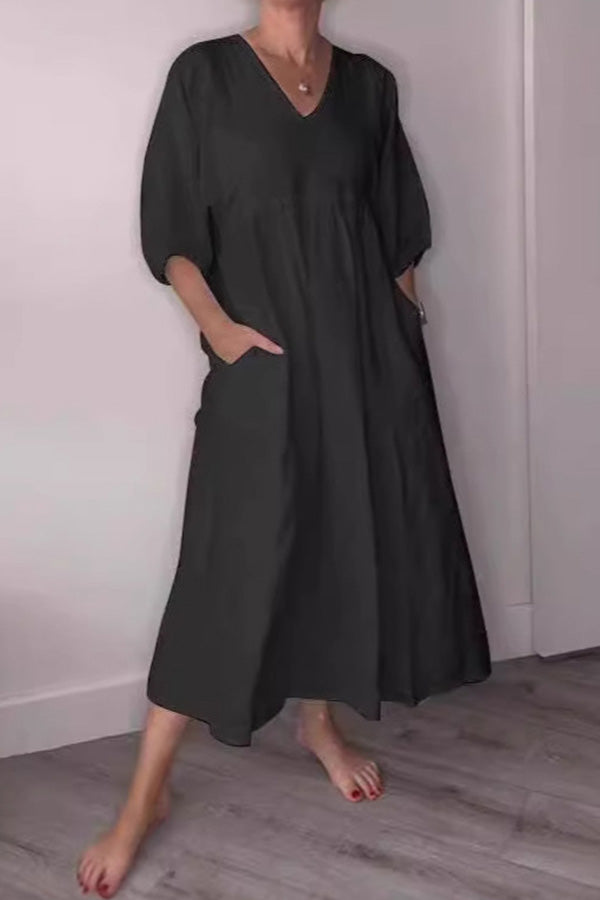 Solid V Neck Half Sleeve Linen with Pocket Dress