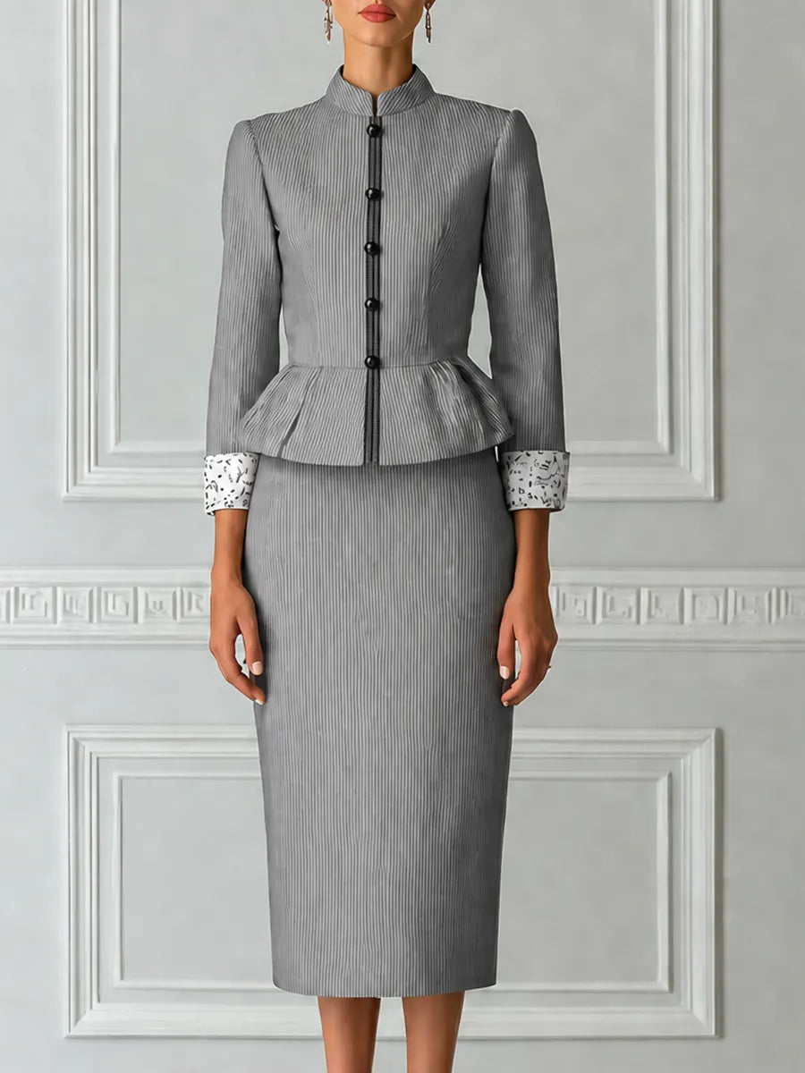 Grey Pinstripe Stand Collar Single Breasted Peplum Tailored Jacket & Pencil Skirt Two-Piece Suit Set