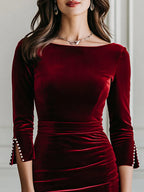 Velvet Boat Neck Pearl Cuff Slit Midi Bodycon Dress