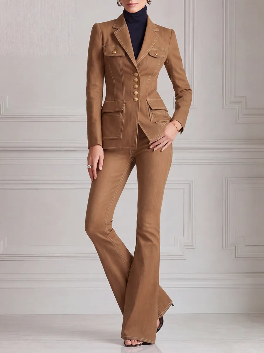 Camel Preppy Fall Fashion Tailored Blazer & Flare Pants Set