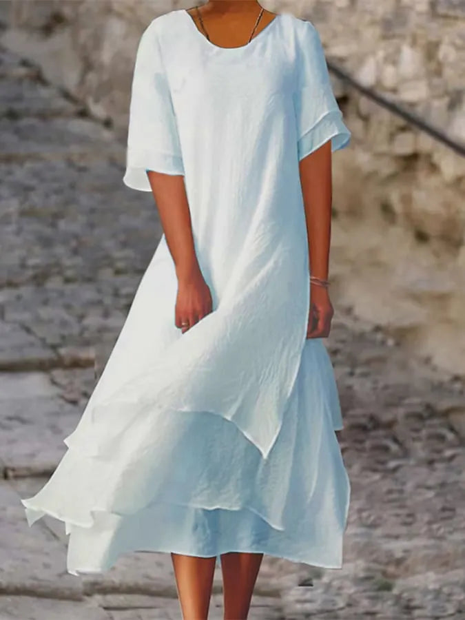 Polyester Cotton Double-Layer Color-Block Slit Short-Sleeved Round Neck Dress