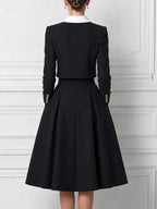 Black Contrast White Peter Pan Collar Cropped Jacket & High Waist A-Line Midi Skirt Two-Piece Set