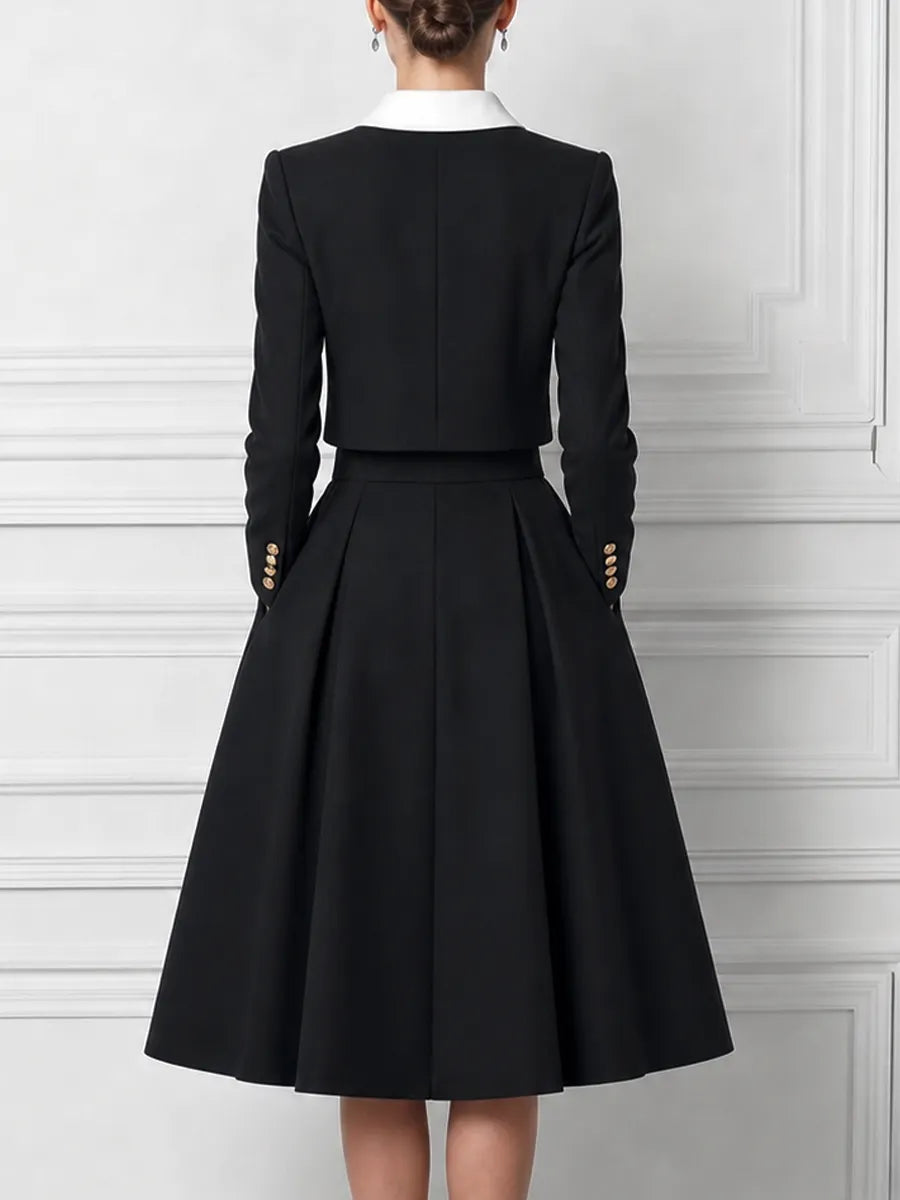Black Contrast White Peter Pan Collar Cropped Jacket & High Waist A-Line Midi Skirt Two-Piece Set