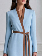 Contrast Trim Wrap Long Sleeves And Belt Midi Dress